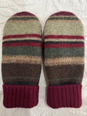Multi-color Stripe Felted Wool Mittens - Greens/Brown/Tan/Burgundy
